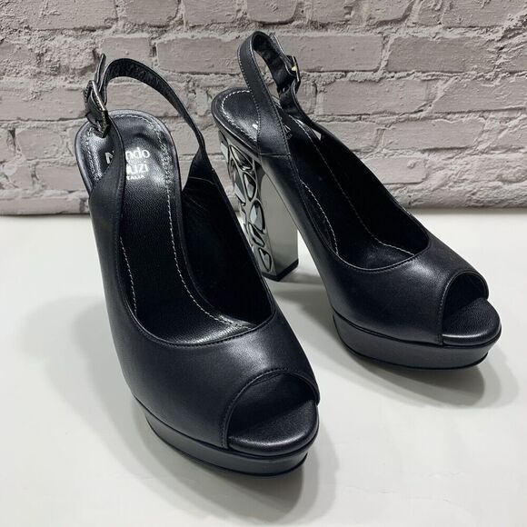 Nando Muzi Women’s Italian Leather Open Toe Jeweled Heels Pumps 36.5 Black - Picture 7 of 16